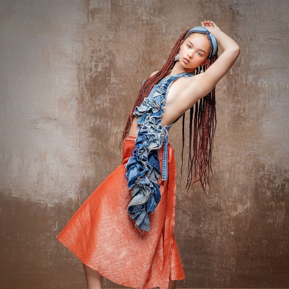 Denim ruffle one shoulder tie bespoke designer top sexy cutout upcycled jeans